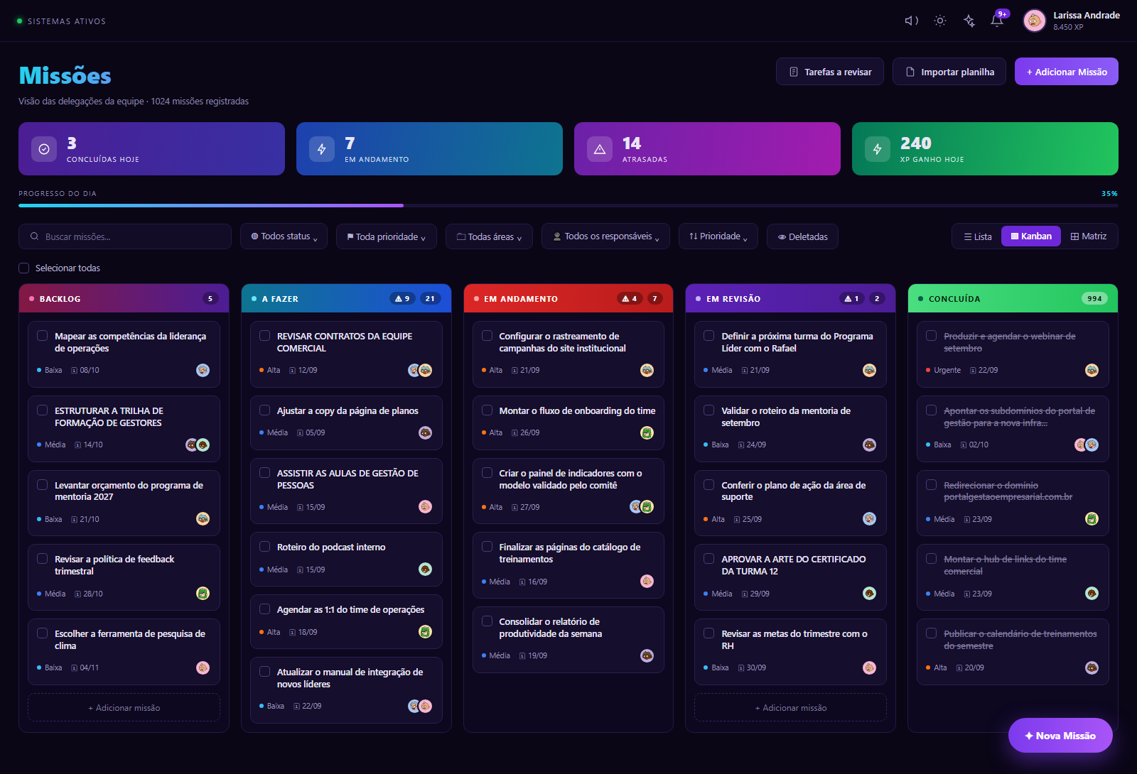 Quadro kanban de missões, do backlog à conclusão